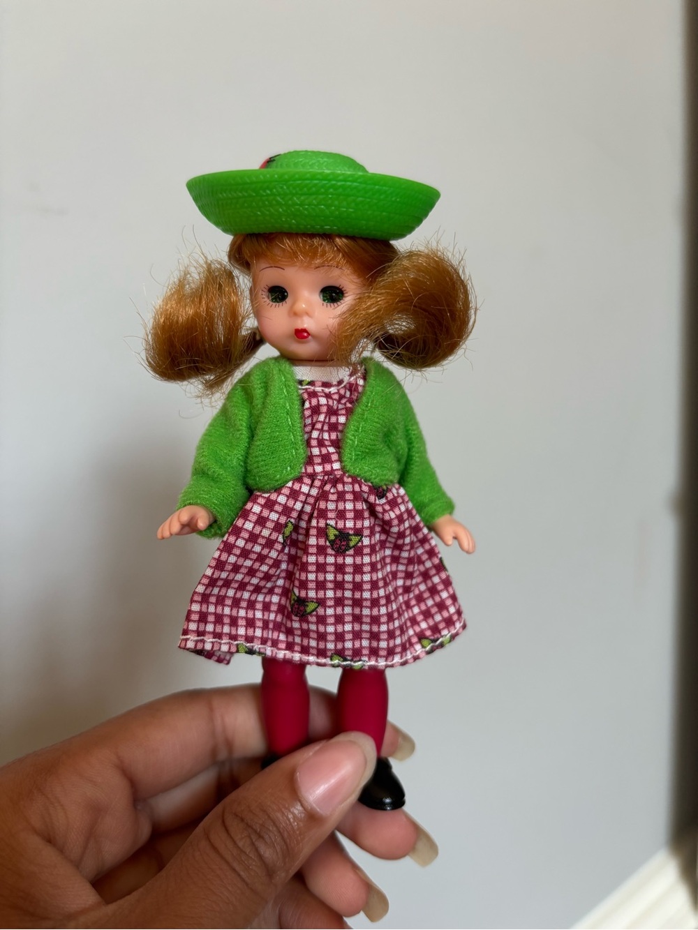 Madame Alexander Green Hat & Red Gingham Dress Doll